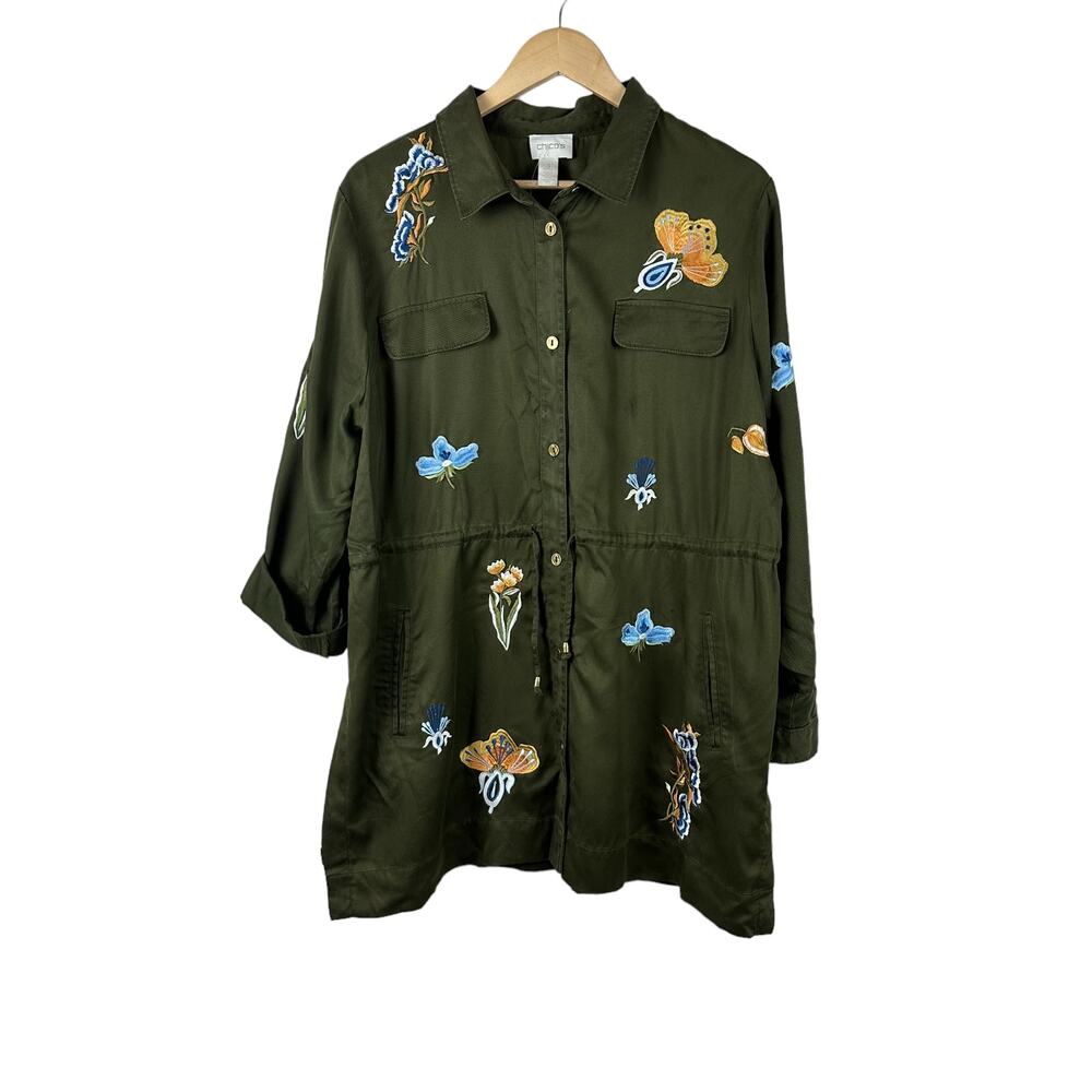 Chico's Womens Green Floral Embroidered Jacket Sz 3 XL Utility Pockets Bohemian